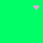 Green background with pink pixelated heart and scattered square particles in motion.