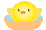Pixel art chick in orange bowl with blue water, two states showing closed eyes and open eyes with small splashes.