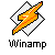 Two pixelated orange lightning bolts on white diamond shapes against gray background, each with 'winamp' text below.