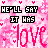 Pixelated pink background with scattered heart shapes and bold text reading "HE'LL SAY IT HAS love" in black-and-white block letters and large pink script.
