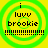 Yellow background with green concentric circles, black text "i luvv brookie" and dashed lines, four identical with one having more dashed lines