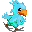 A 4-frame pixel art animation of a blue bird with an orange beak and brown feet, displayed in a 2x2 contact sheet on a gray background.