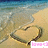 Pixelated beach scene with sandy shore, calm water, and a heart-shaped sand formation under blue sky.