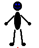 Black stick figure with blue eyes and smile, standing on white background; red flame appears below head in second frame.