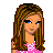 Pixel art contact sheet showing three distinct frames of an animated buddy icon featuring a cartoon woman, her torso with clothing details, and a blue fabric item, accompanied by pink text phrases.