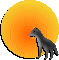 A pixelated wolf stands before a large orange-yellow circular background, first facing left then turning right.