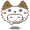 Pixelated cartoon cat head with brown ears, white face, blue eyes, and pink mouth in four variations showing hand positions.