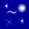 Blue background with multiple white and light blue star-like shapes, a crescent moon, and a circular gradient sun or planet.