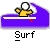 Pixelated figure in yellow shirt and black pants stands on white surfboard atop purple wave with red detail, below text "Surf" on gray background.