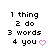 A static pixel art image displays four lines of text with a pink heart symbol at the bottom right, arranged in three on a white background