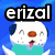 Pixelated cartoon character with white face, dark blue ears, brown nose, and green shirt against blue background; text 'erizal' in black block letters top-left.