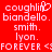 Red background with white pixelated text reading 'coughlin', 'biandello.', 'smith.', 'lyon.' and 'FOREVER <3' in two identical