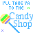 Pixel art contact sheet showing two animated frames of a candy shop-themed buddy icon with lollipops and text.