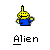 Yellow cartoon alien with blue body and single antenna, standing in a of identical icons on gray background