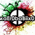Pixelated icon with central black and white cross symbol surrounded by green, red, orange, yellow, and pink pixel clusters on a white background.