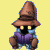 Pixelated character with brown hat and purple robe, yellow eyes, brown arms, blue lower body, on yellow background with gray corner.