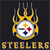 Static pixelated icon featuring a circular logo with yellow, white, red, and blue elements surrounded by flame-like shapes above the word "STEELERS" in block letters.