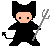 A 4-frame pixel art animation of a black cat-like character with peach skin, holding either a trident or fork in different poses across frames.
