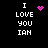 Pixelated text 'I LOVE YOU IAN' on black background with pink heart and dot animations.