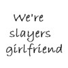 Animated sequence showing a character with pink and blue hair in a pink top, a blonde woman in a blue jacket, and a dark figure with a sword, with text reading "we're slayers girlfriend".