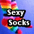 Pixelated icon with 'Sexy Socks' text over rainbow-colored abstract shapes on blue background.