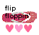Static pixel art displays 'flip' text above a pink and red gradient shape with 'floppin'' text, three pink hearts below on white background.