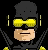 Pixelated character with yellow goggles and black helmet, wearing a dark jacket with yellow accents, against black background; text "Yellow Jacket" repeated below.