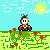 Pixel art scene with a character sitting on grass under a sunlit sky, surrounded by flowers, with text stating 'The World is a Beautiful Place.'
