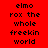 A static image displays the phrase "elmo rox the whole freekin world" in black pixelated text on a red background, with some text blocks on white backgrounds.