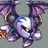 Pixelated character with purple wings and armor, white face, orange rings on arms, holding a glowing object against gray background.