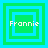 Four square display the name 'Frannie' in white pixelated text over green and cyan layered squares with varying border thicknesses