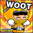 Pixelated cartoon character in yellow racing suit with white gloves and black helmet visor, surrounded by orange flame background, with text overlays reading "WOOT" and "KART RIDER!"