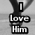 Black-and-white pixelated image with bold text reading "I Love Him" over a blurred background of indistinct shapes.