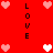 Red background with pixelated hearts and vertical "LOVE" text in black, arranged symmetrically across the frame.