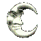 A crescent moon face with a smiling expression, rendered in grayscale with subtle shading and texture variations across multiple views.