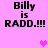 Pixelated text 'Billy is RADD.!!!' on pink background with animated heart symbols appearing and disappearing.