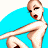 Pixelated cartoon pinup woman in blue background with green text logo on dark green background