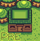 Pixel art image of a green-roofed wooden structure with a door, surrounded by grassy terrain and trees, featuring the text "PRE" at bottom.