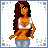 Pixel art of a woman with long brown hair in white crop top and blue jeans, standing against white background with pixelated border.