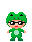 A 4-frame pixel art contact sheet of a green frog-costumed character with black glasses, showing subtle mouth and hand pose changes across frames against a gray background.