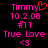Pixelated text and symbols in pink and red on black background, with one frame showing a red heart symbol above 'Timmy' text.