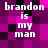 Pixelated text 'brandon is my man' repeated four times on a purple and pink checkered background with black accents.