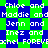 Pixelated text repeats 'Chloe and Maddie and Jenn and Inez and Rachel FOREVER' across a blue-green checkered background with visible pixelation.