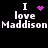 Black background with white pixelated text "I love Maddison" repeated twice, each paired with a purple heart symbol in different animation states.