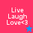 Pixelated text "Live Laugh Love<3" on split background with blue star and red star icons.