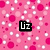 Pink background with white and pink polka dots, black text reading 'Liz', 'Loves', 'Someone', 'But', 'Who???' in pixelated font.