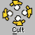 Animated sequence of yellow figures with white circular heads arranged in circular patterns, transitioning from scattered to fully connected rings with gray background.