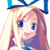 Pixelated anime-style character icon with long hair, blue bow, and purple top against white background.