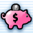 Pixelated pink piggy bank icon with black dollar sign on side, silver coin inserted in slot, blue striped background.