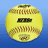 Yellow softball with red stitching and black text on blue background, next to 'softball' text on white background.